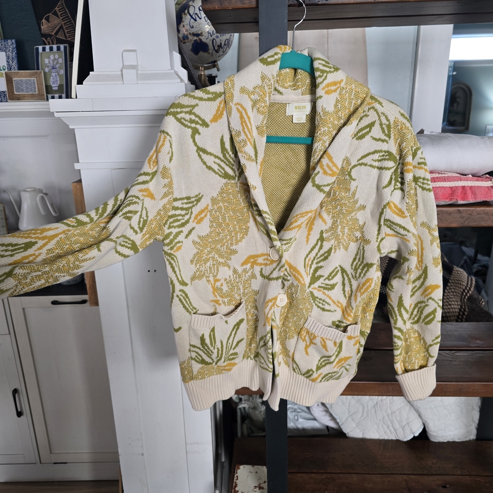 Anthropologie Cream and Gold Floral Cardigan